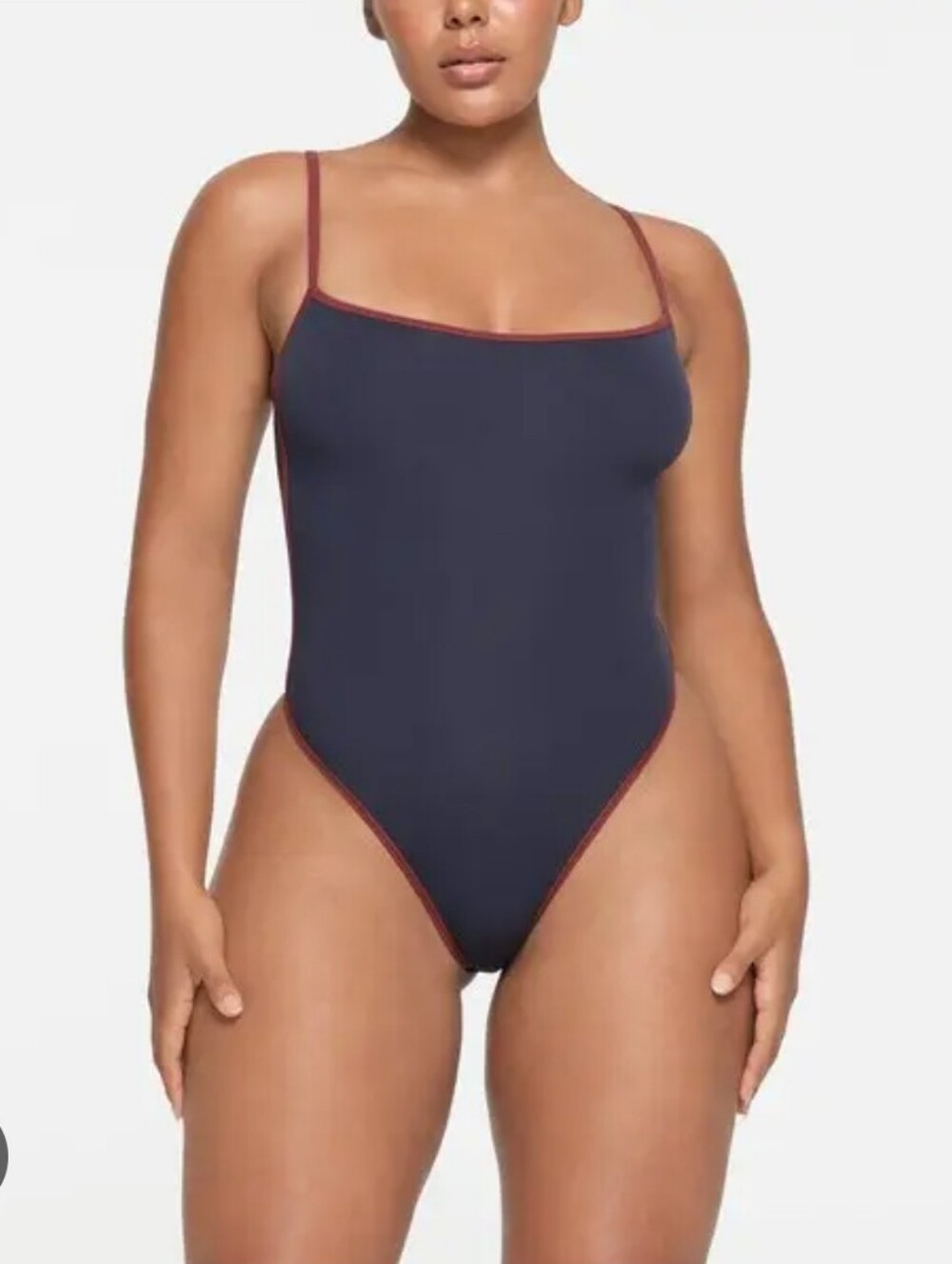 SKIMS Everyday Contrast Navy One-Piece Bodysuit with Maroon Trim M